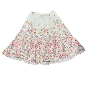 Coldwater Creek Midi Skirt  Ivory Pink Floral Lined‎ Linen Blend Size 8p